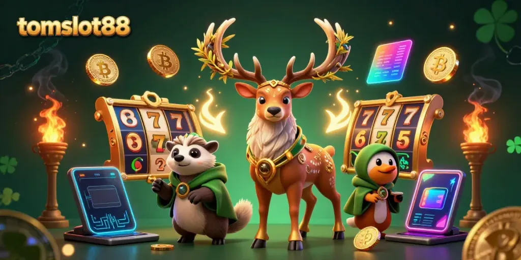 Experience thrilling jackpots with tomslot88 in a vibrant 3D casino atmosphere featuring dynamic slot elements.