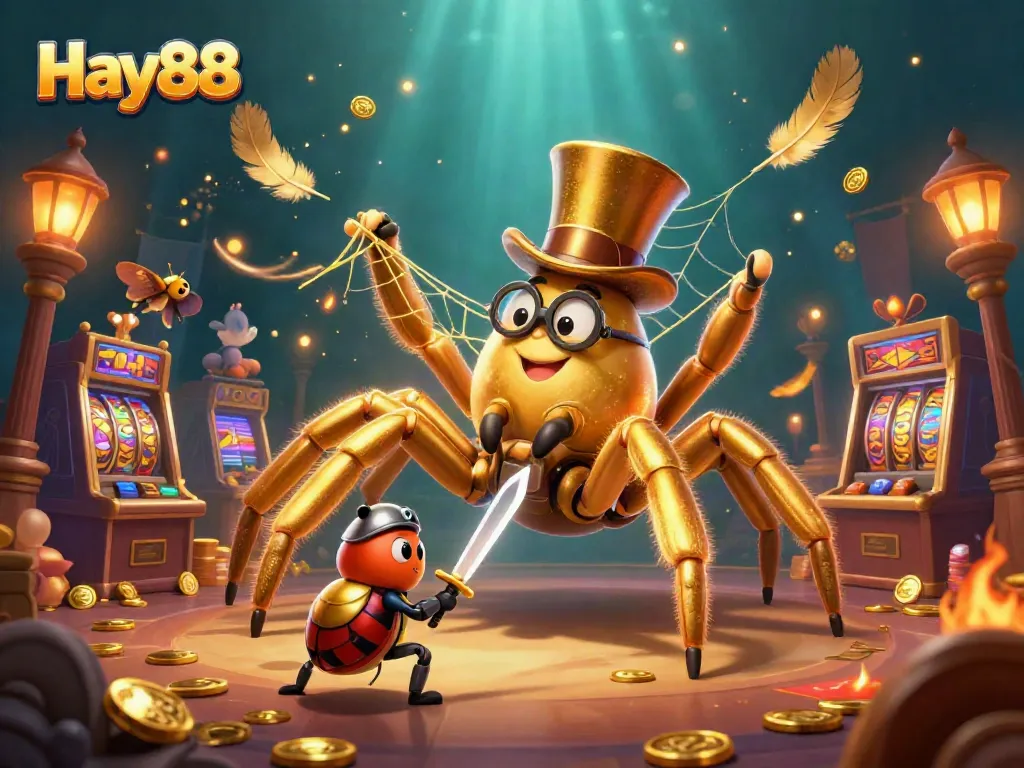 Engage in exhilarating gameplay with Hay88's vibrant casino scene full of colorful slot machines and lively characters.