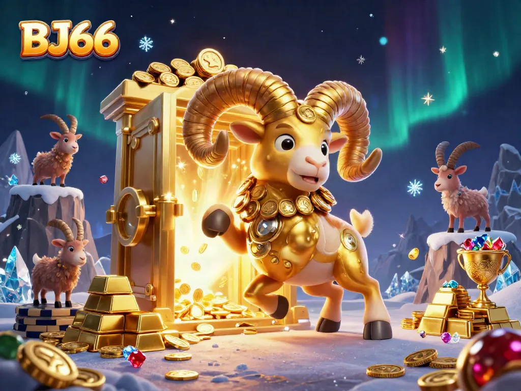 BJ66 showcases thrilling adventures in an extravagant casino atmosphere featuring a golden ram and treasures.
