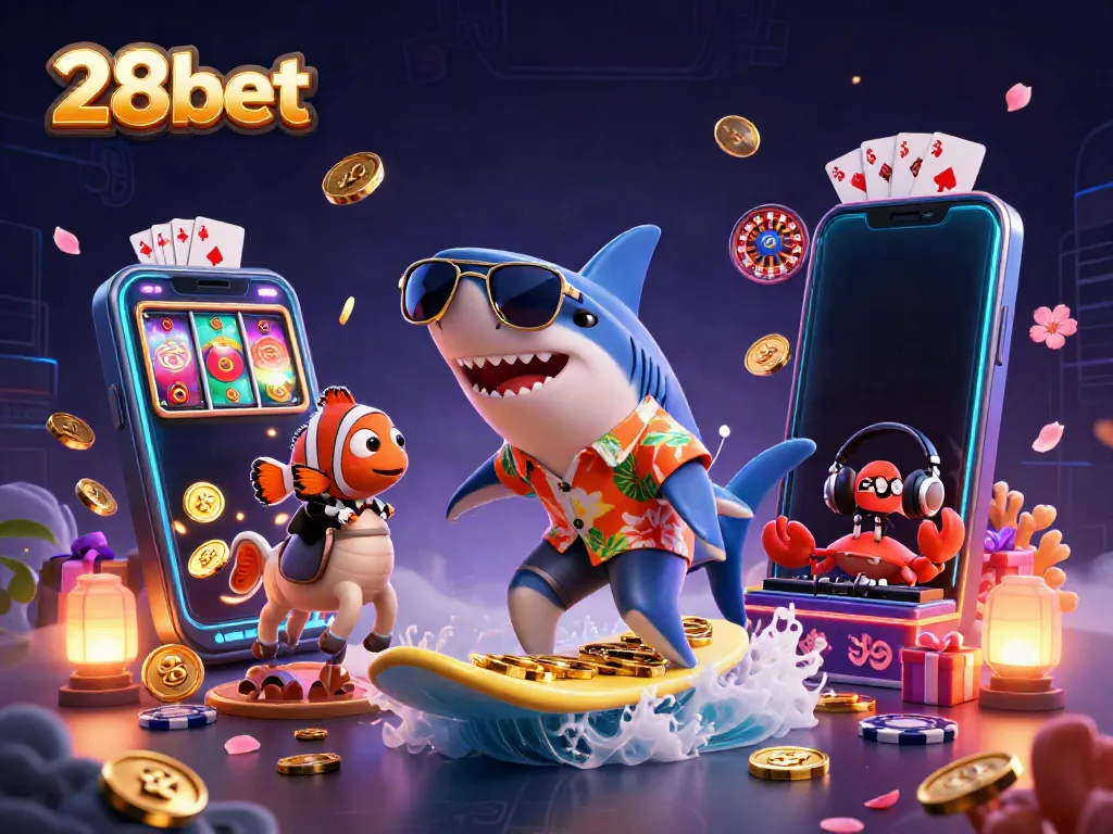 Engage with thrilling 28bet gaming as a shark surfs gold coins alongside animated characters in a vibrant casino scene.
