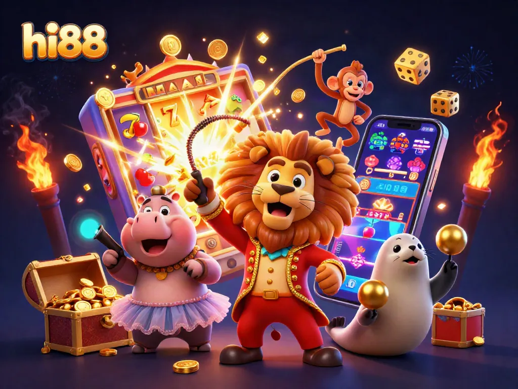 Hi88-themed 3D illustration of lively casino elements including a lion ringmaster, enticing jackpots, and dynamic games.