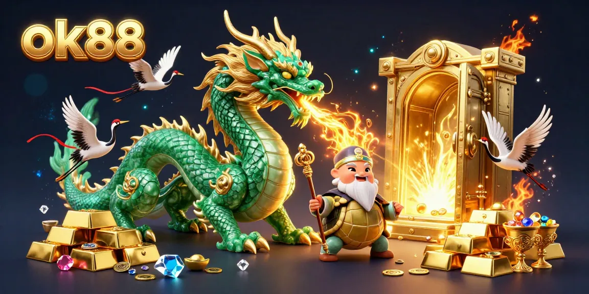 Experience thrilling wins with ok88 in a vibrant casino scene featuring a jade dragon and treasures.