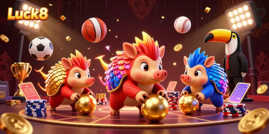 Experience thrilling gaming action with Luck8's pangolin competitors amid poker chips and vibrant sports elements