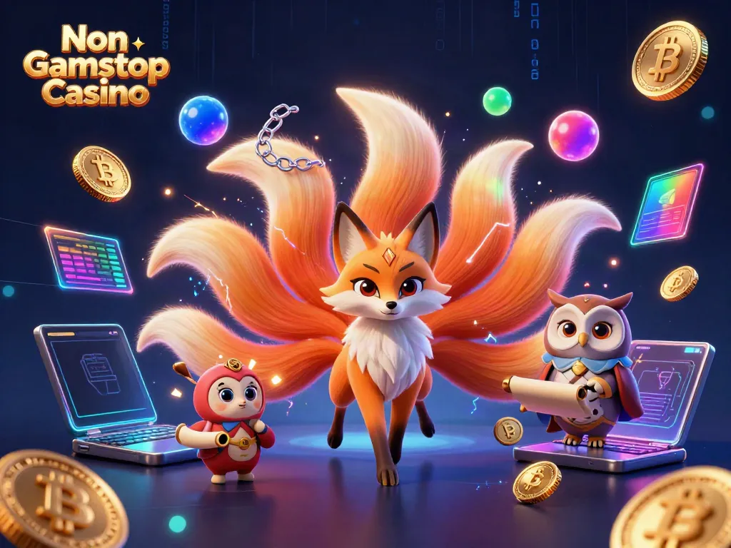 Engage with the vibrant scene of a Non Gamstop Casino featuring a mystical nine-tailed fox and an owl sage.