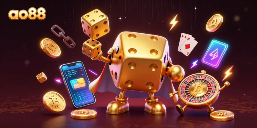 Engage with ao88's vibrant casino experience through this captivating 3D illustration showcasing golden dice and crypto elements.