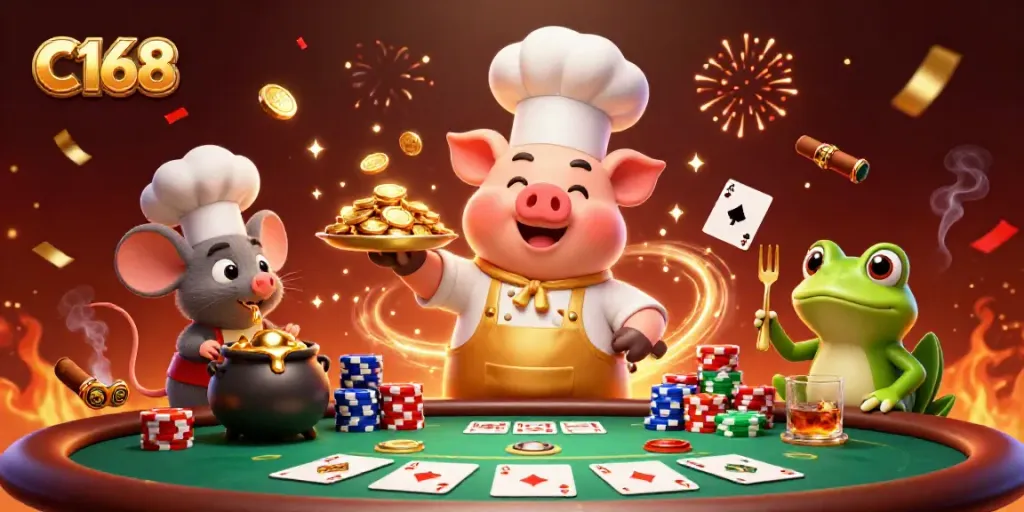 Enjoy dazzling C168 gaming action with a chef serving gold coins on a lively poker table.