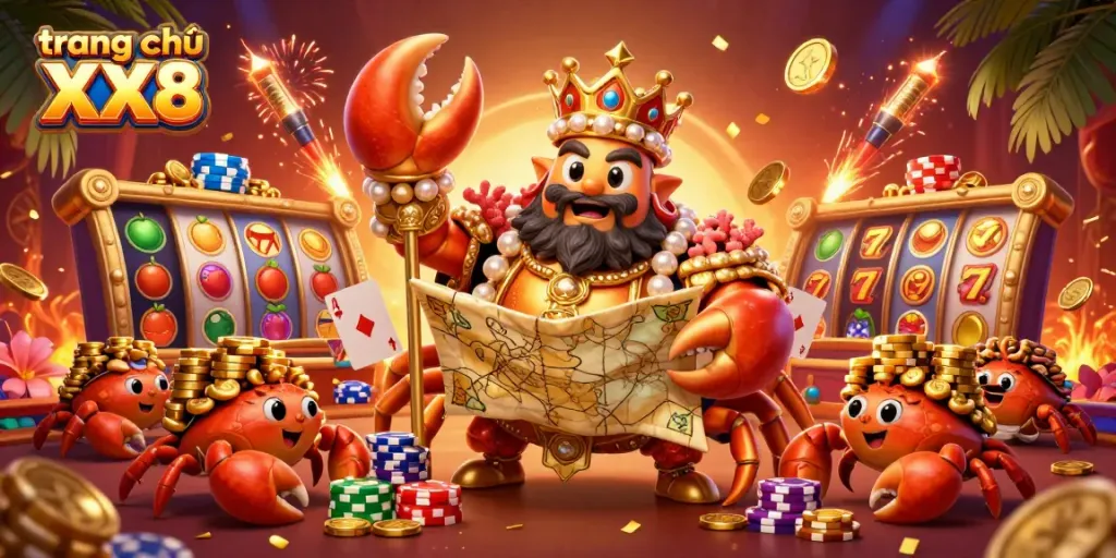 Experience winners at trang chủ XX8 with a vibrant casino scene of a golden crab emperor and game elements.