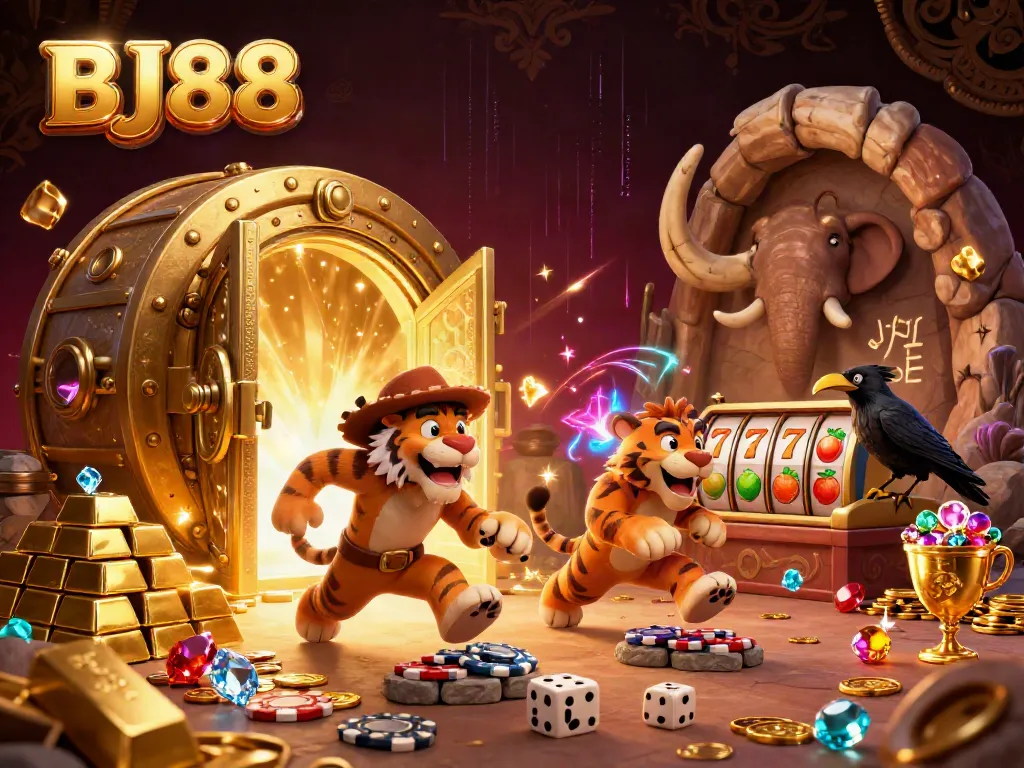 BJ88 energizes the casino experience with a vibrant 3D scene showcasing exciting gaming elements.