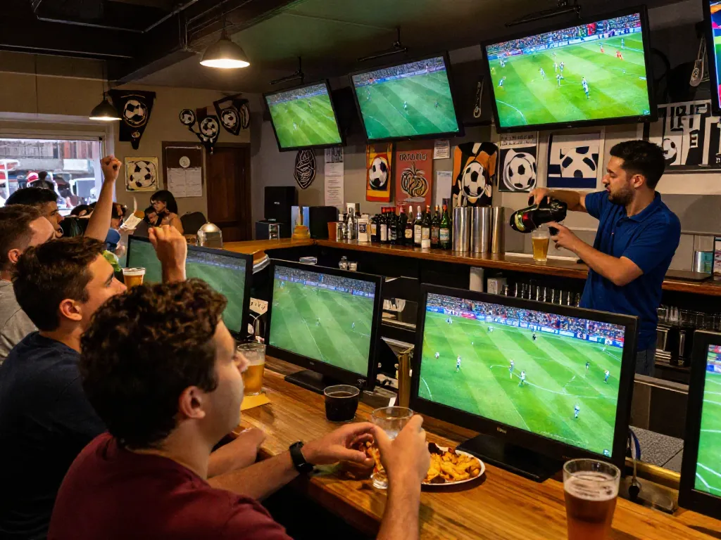 Thapcamtv fans enjoying a live soccer match at a vibrant sports bar.