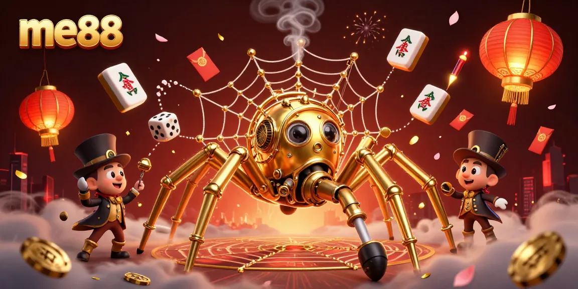 Play and win at me88, where a steampunk spider catches dice in a vibrant casino scene.