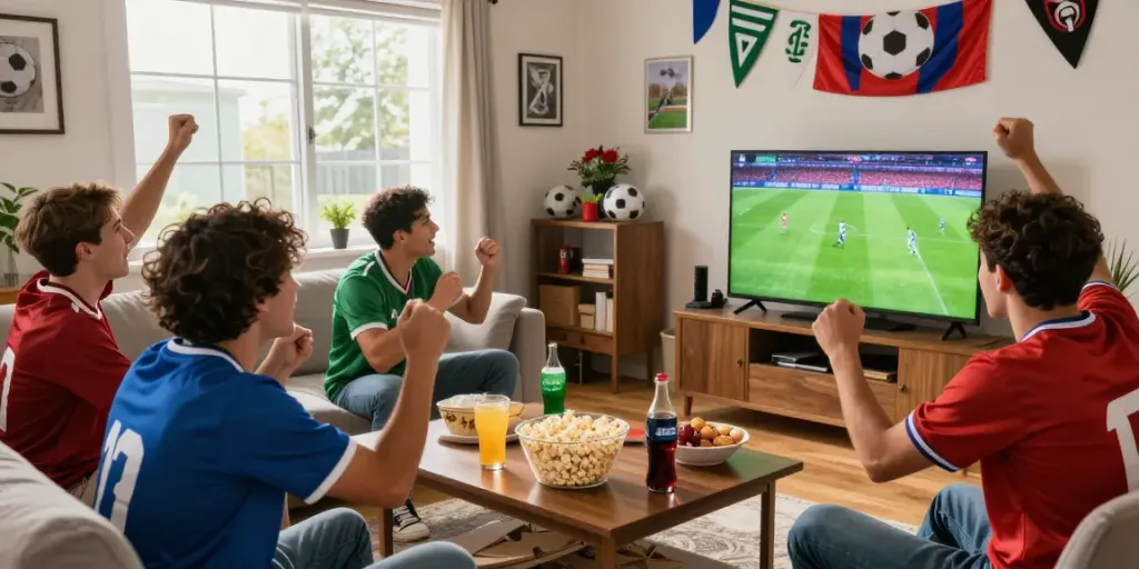 Friends enjoying a Gavangtv live football match, full of excitement and team spirit.