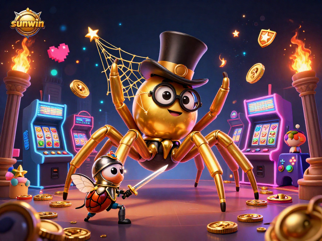 Experience sunwin's thrilling adventure in a lavish casino, showcasing a golden tarantula and beetle knight.