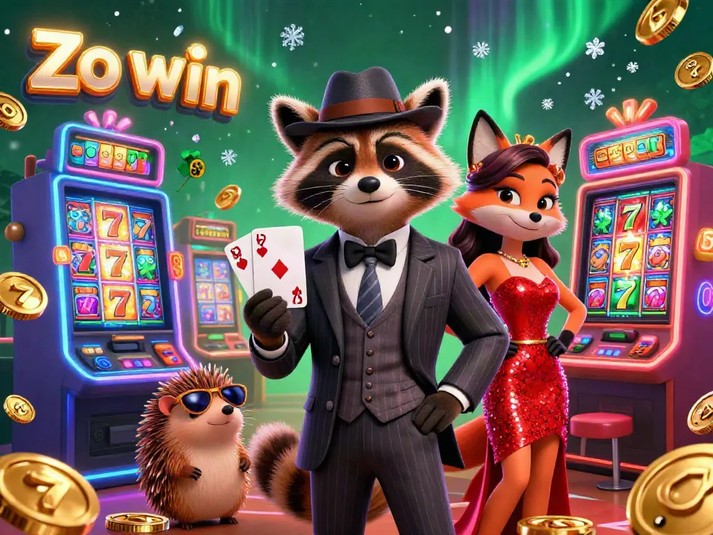 Experience the thrill at Zo win with a lively 3D casino scene featuring a raccoon holding a royal flush, vibrant slot machines, and dynamic game elements.