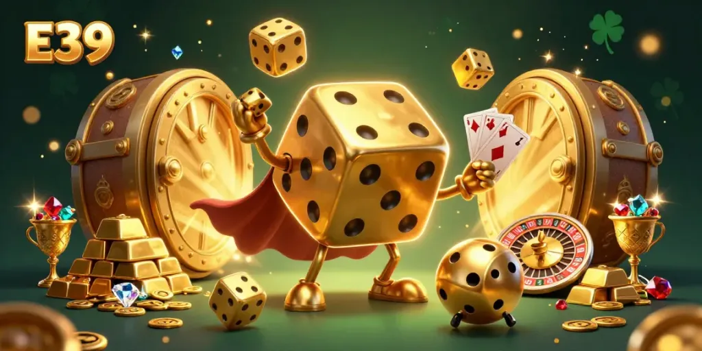 E39 showcases the excitement of gambling with a lively golden dice golem and shimmering treasures.