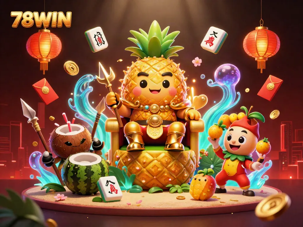 Experience the vibrant thrill of 78WIN casino with a golden pineapple king and his tropical entourage during an exciting game.