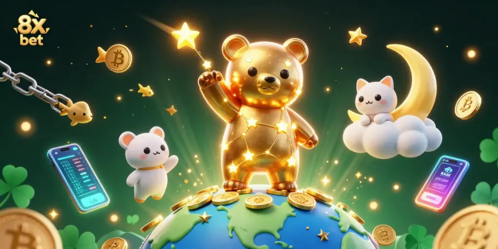 Engage with 8x bet through a vibrant 3D scene filled with golden stars, cryptocurrencies, and dynamic elements.