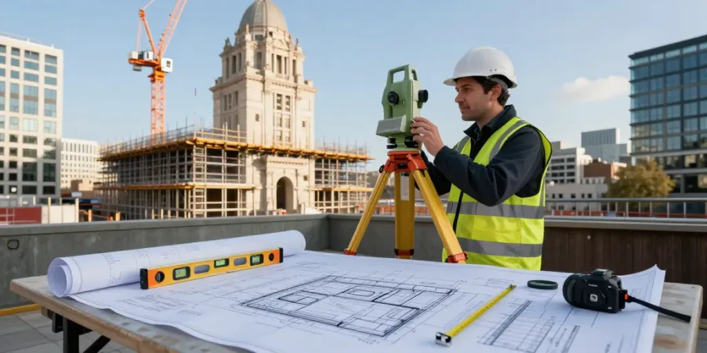 Measured Survey London: Surveyor measuring historic building with tools and blueprints at urban construction site