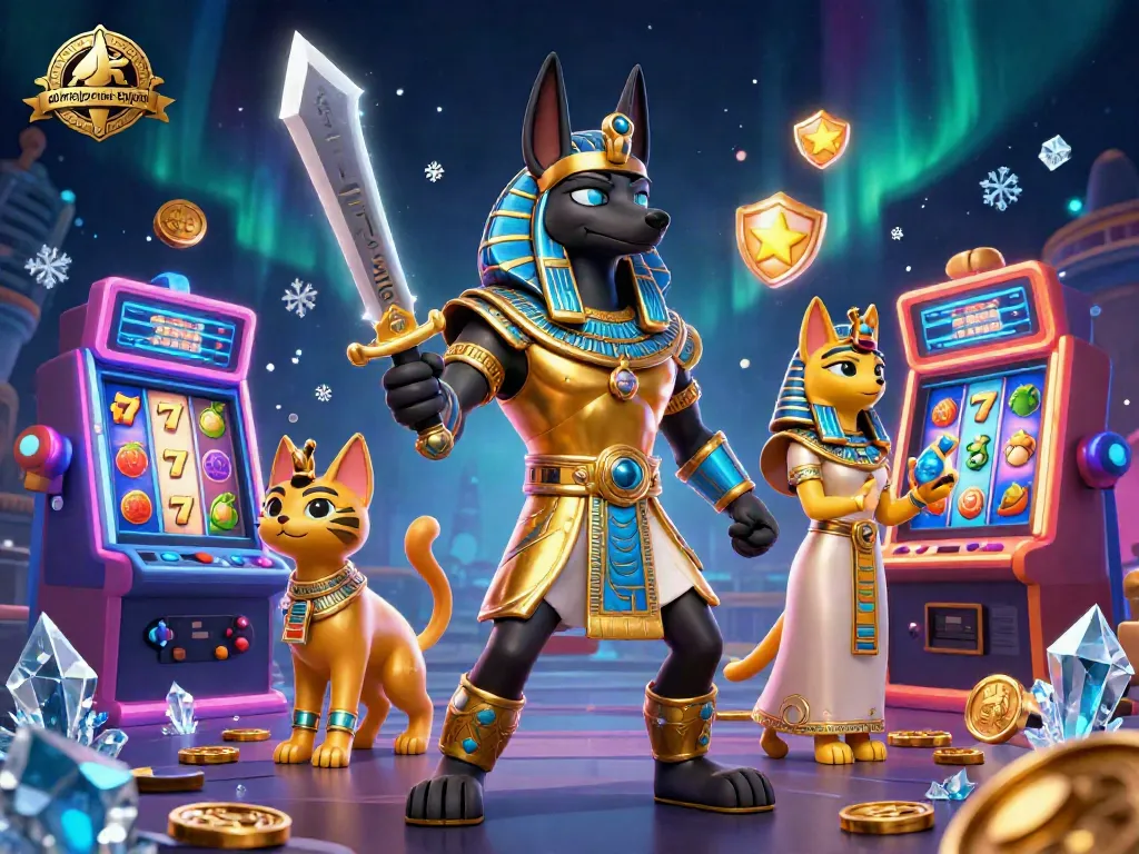 Engage with ahimajournal-digital in this dynamic casino-themed illustration of Anubis and Bastet
