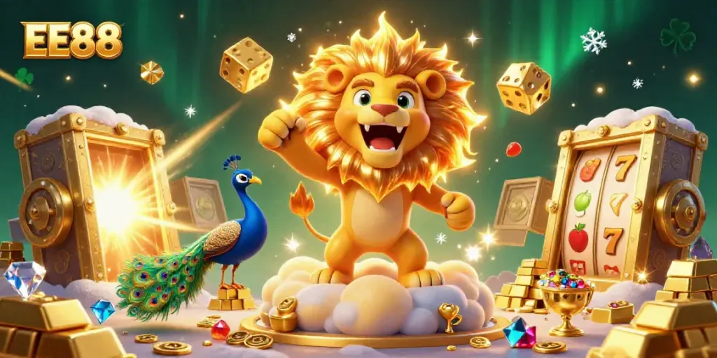 Experience EE88 with a 3D sun lion and golden gaming elements illustrating online casino excitement.