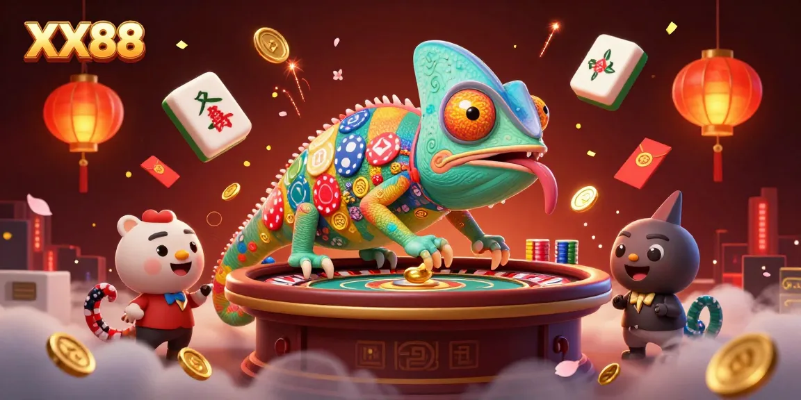 Experience the vibrant world of XX88, where the chameleon casino owner captures golden coins among festive game elements.