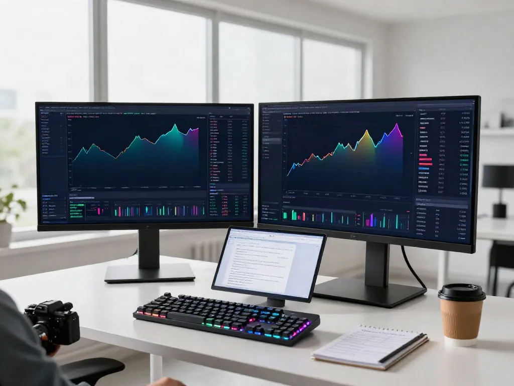 Instagram scene with cryptocurrency trading setup featuring live charts and digital wallet.