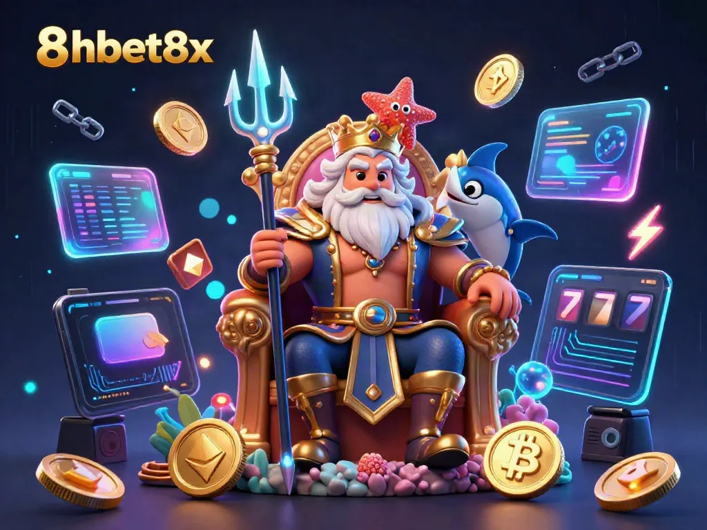 Experience the thrilling action of 8xbet8x in a vibrant underwater casino scene with Neptune and slot game elements.
