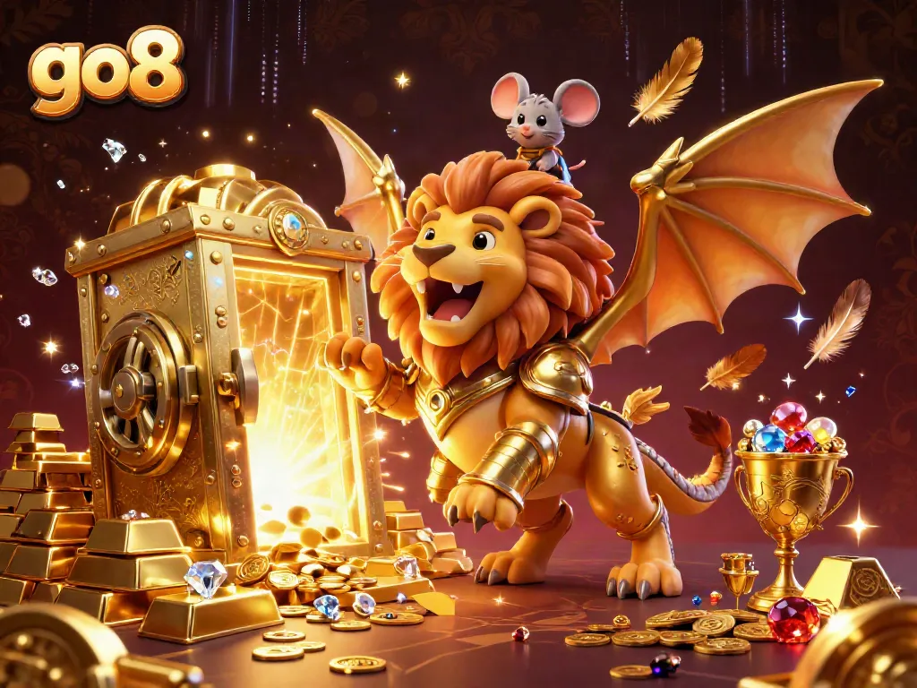 Spin the reels at go8, as a golden chimera creature and mouse jockey celebrate gaming victories amid treasures.