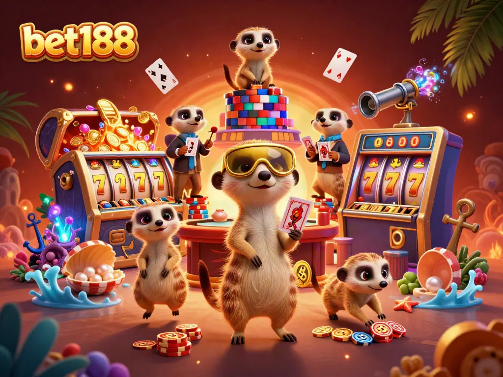 Win big with bet188 in this vibrant casino scene featuring engaging meerkat characters and exciting games.