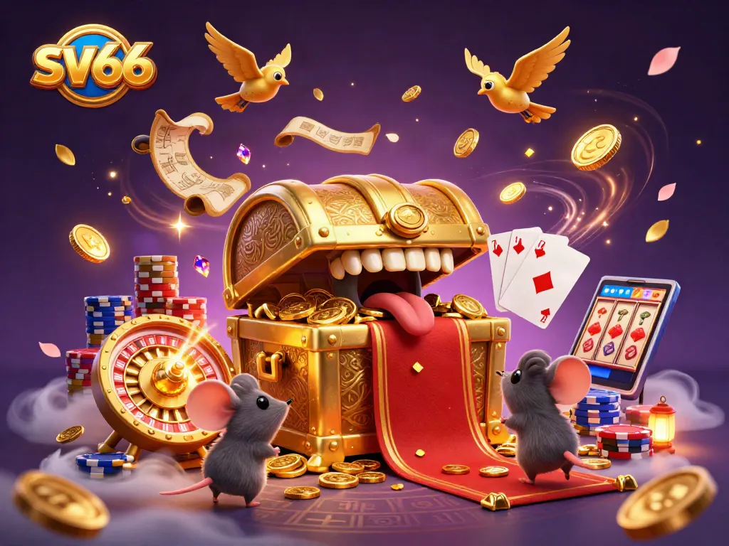 Experience thrill with sv66's golden treasure chest attracting mice and shining casino elements.
