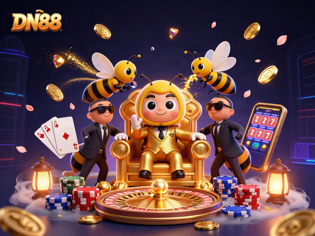 Win big at DN88 with a thrilling illustration of a casino-themed scene featuring a bumblebee mob boss and vibrant game elements.