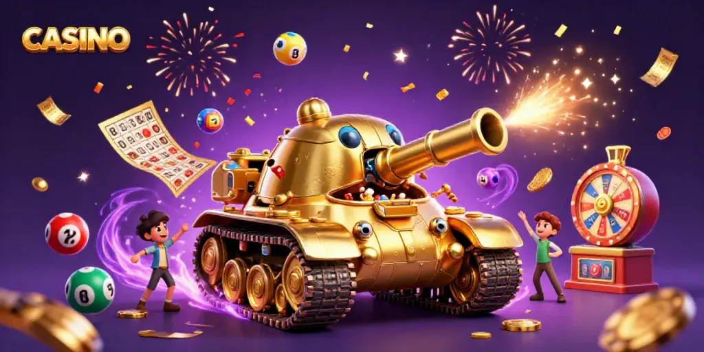 Experience the excitement of a casino with a vibrant 3D illustration of a golden beetle tank revealing a mini casino.