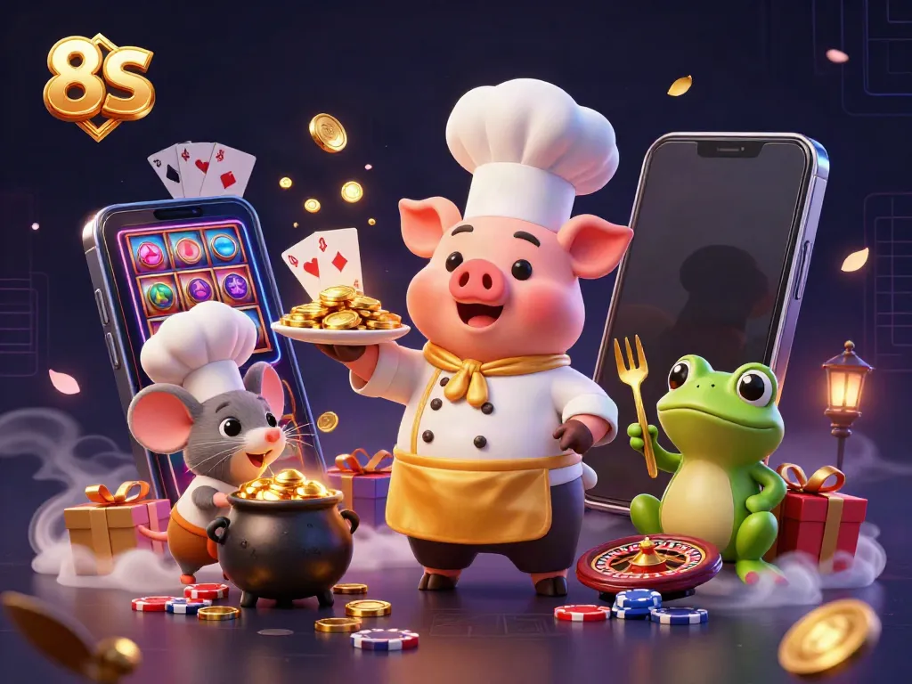 Witness the thrilling action of 8S with a chef pig serving gold coins amidst lively casino elements.