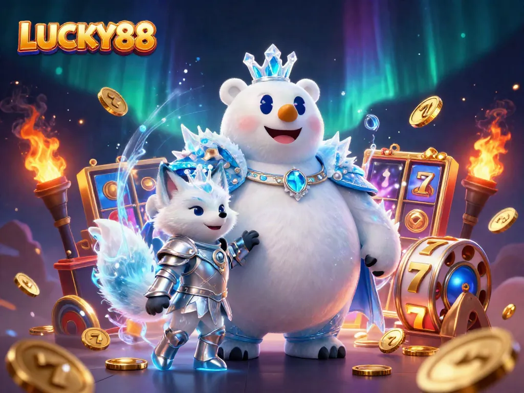 LUCKY88 igloo casino scene with a festive ice king, embracing excitement and jackpot chances.