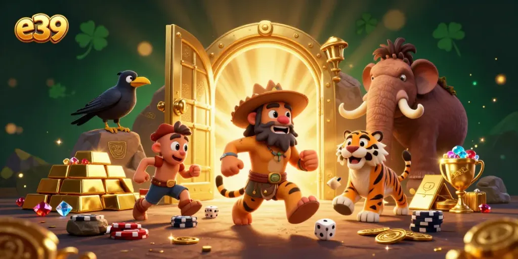 Experience e39 gaming with a fun caveman and sabertooth tiger duo in a lively prehistoric casino scene.