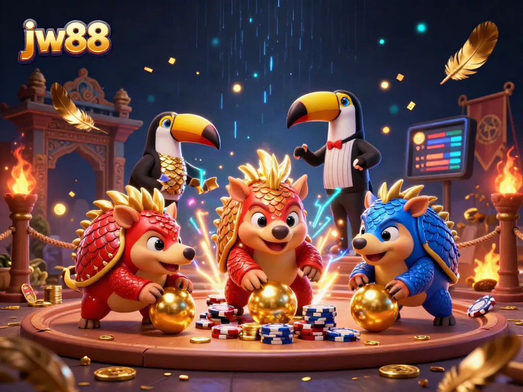 jw88 pairs of rival pangolins compete with poker chips in a vibrant casino scene
