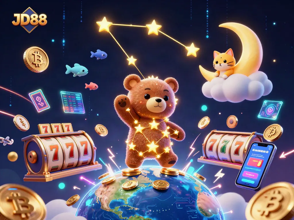 Engage with JD88 online casino dynamics in a vibrant, colorful 3D illustration of gaming charm.