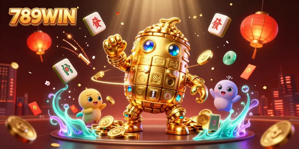 Engage with thrilling casino gameplay at 789WIN featuring a golden golem, mahjong tiles, and festive Chinese elements.