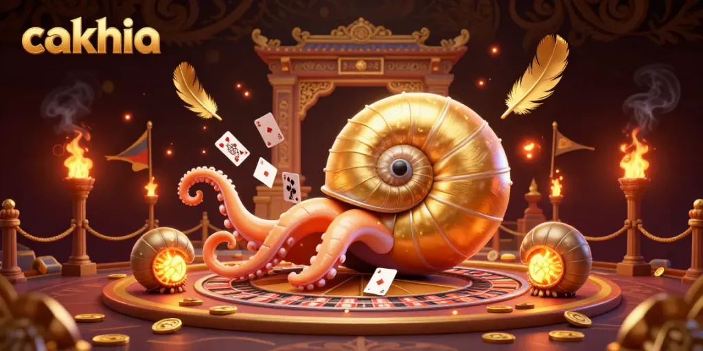 Experience thrilling bets with cakhia in this vibrant 3D casino illustration featuring a mystical nautilus wheel.