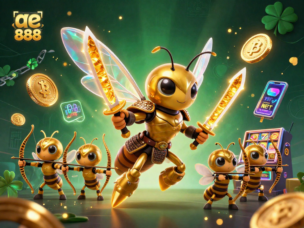 Experience the adventure of ae 888 with captivating golden hornet characters amidst vibrant casino elements.