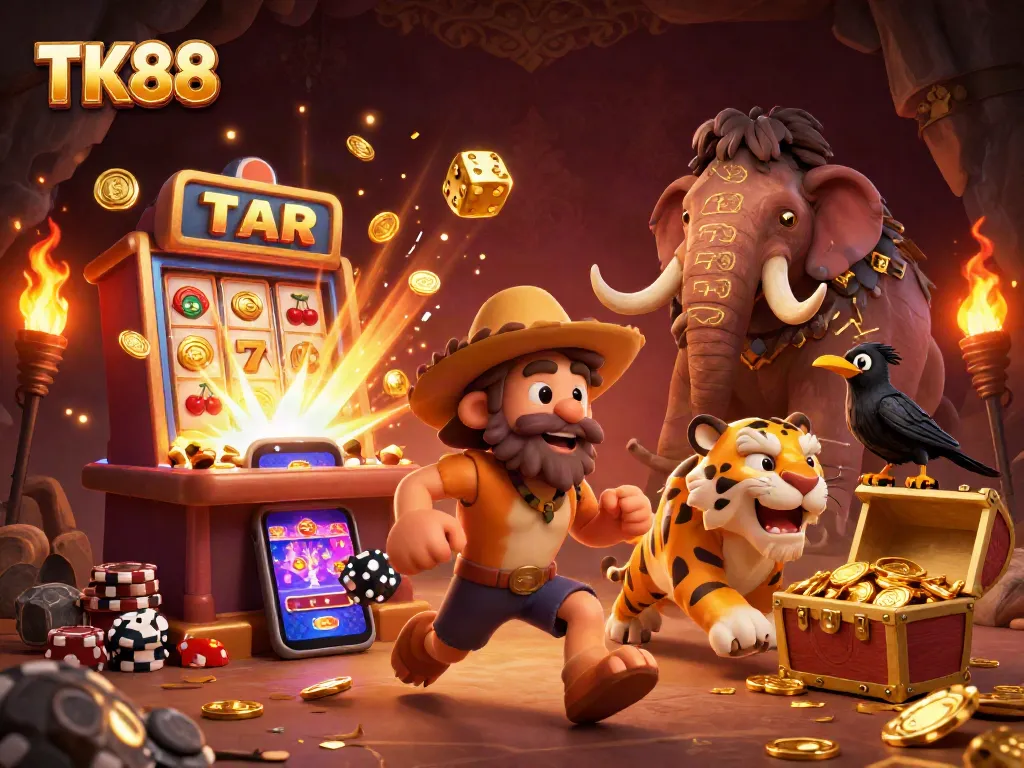 TK88 showcases a thrilling prehistoric casino scene with caveman duo and dynamic slot elements.