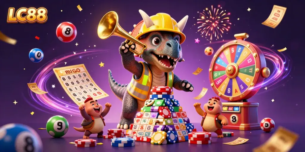 Experience the thrill of LC88 as a triceratops builds poker chip pyramids in a vibrant casino celebration.