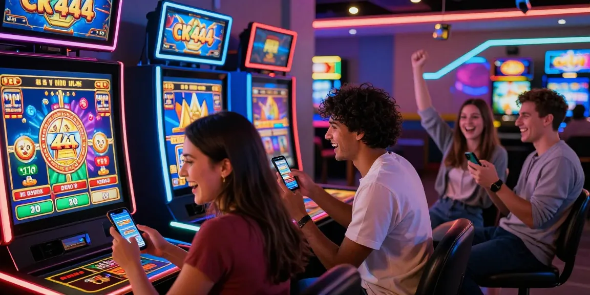 Players engaging with CK 444 mobile app in a lively casino environment with vibrant gaming elements.
