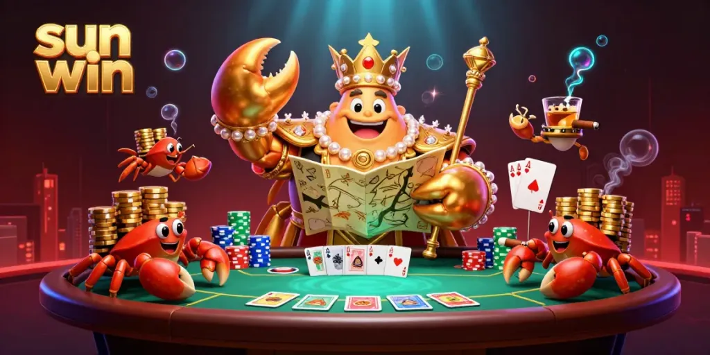 Experience the excitement at Sun Win Casino with a golden crab emperor ruling over a colorful poker scene.