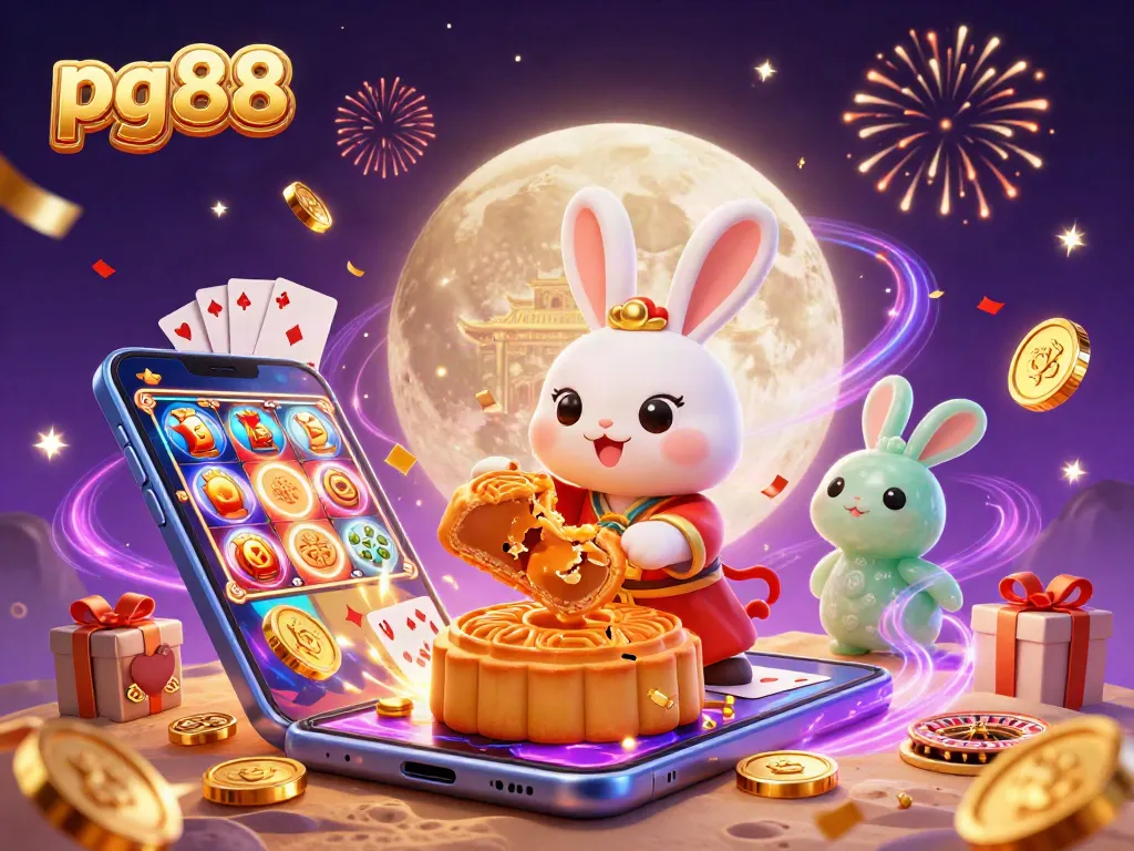 Experience the thrill of pg88 as the moon rabbit celebrates with golden mooncakes and poker chips amidst casino games.