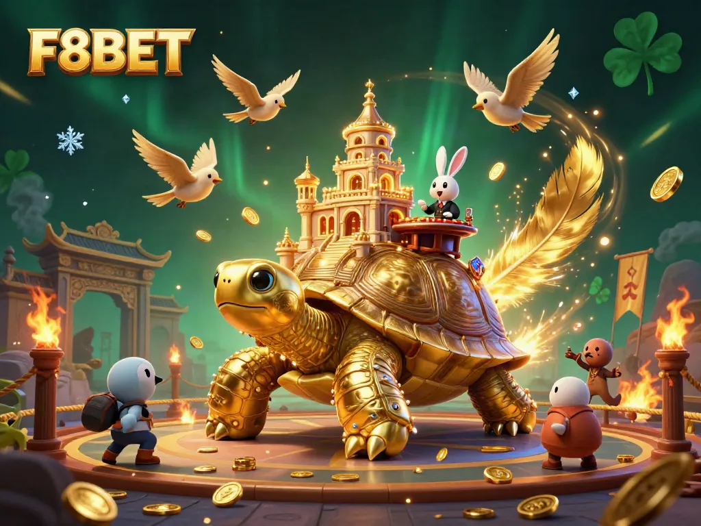 Experience F8BET’s vibrant casino atmosphere with a golden tortoise carrying a mini palace, surrounded by whimsical elements.