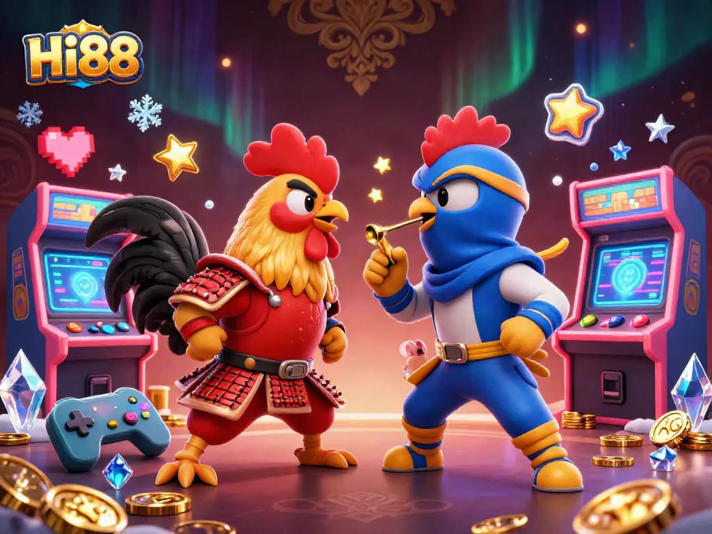 Engage in thrilling battles at Hi88 with dynamic 3D fighting roosters amidst vibrant gambling symbols.