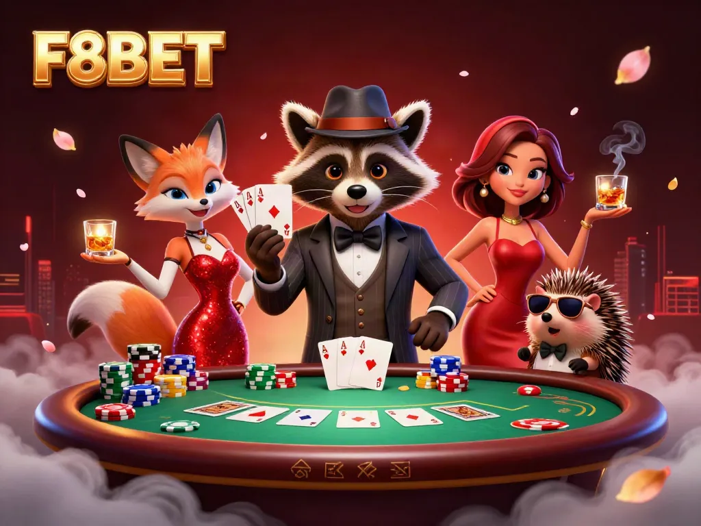 Experience the vibrant F8BET casino environment with charismatic characters at a poker table.