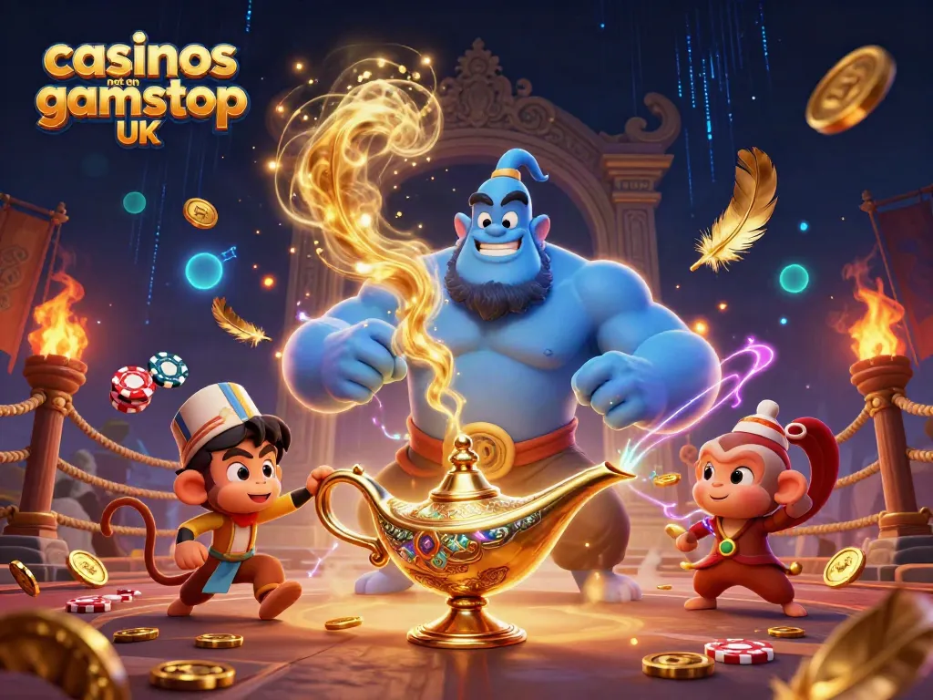 Experience excitement at casinos not on gamstop UK with a vibrant scene featuring a genie, monkey, and poker chips.