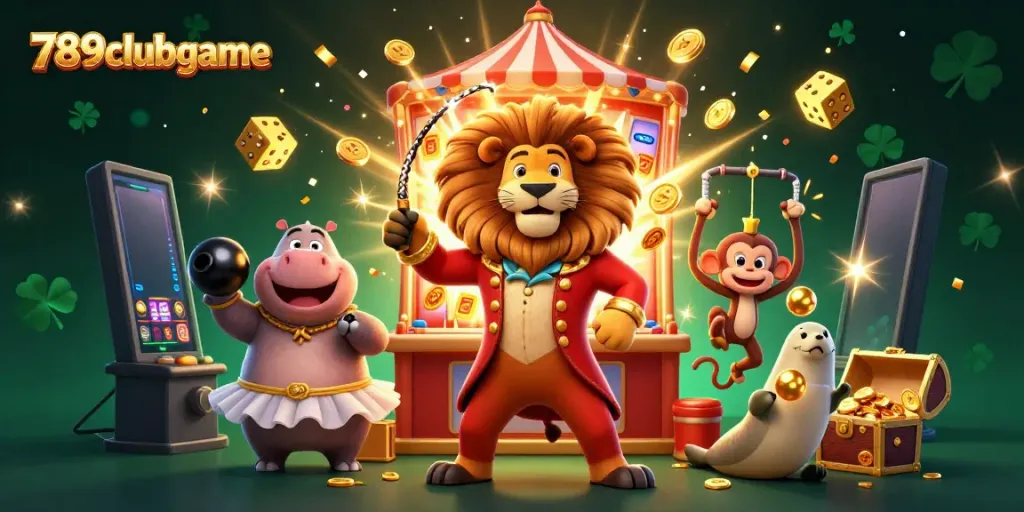 Watch 789clubgame's vibrant circus-themed casino scene with characters enjoying games and winning.