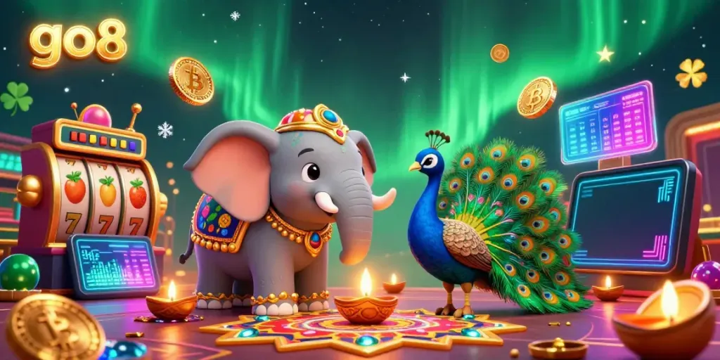 Play exciting Go8 casino games with vibrant slots and crypto elements in a colorful scene.